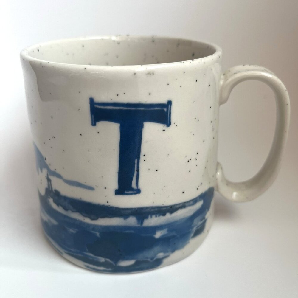 Anthropologie Buoyant Letters Coffee Mug "T" Monogram White Blue Stoneware Cup